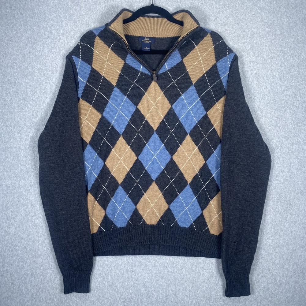 Brooks Brothers Sweater Mens M Gray Argyle 100% Lambswool 1/4 Zip Pullover